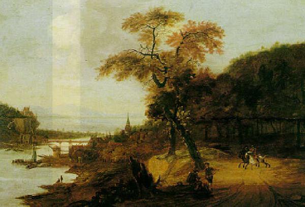 Jacob van der Does Landscape along a river with horsemen, possibly the Rhine.